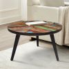 17 Inch Industrial Side Table, Reclaimed Wood, Round Multi Tone Top, Iron Trim, Brown, Black