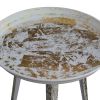 20 Inch Artisanal Industrial Round Tray Top Iron Side End Table, Tripod Base, Distressed White, Gold