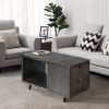 30 Inch Handcrafted Coffee Table with Hinged Lift Top Storage, Open Shelf, and Metal Legs, Charcoal Gray