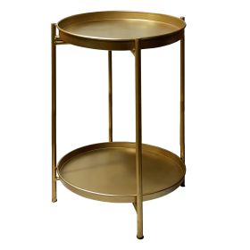 20 Inch High Round Side End Table with 2 Tier Iron Frame, Matte Gold