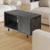 30 Inch Handcrafted Coffee Table with Hinged Lift Top Storage, Open Shelf, and Metal Legs, Charcoal Gray