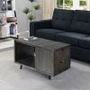 30 Inch Handcrafted Coffee Table with Hinged Lift Top Storage, Open Shelf, and Metal Legs, Charcoal Gray