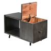 30 Inch Handcrafted Coffee Table with Hinged Lift Top Storage, Open Shelf, and Metal Legs, Charcoal Gray