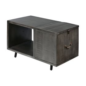 30 Inch Handcrafted Coffee Table with Hinged Lift Top Storage, Open Shelf, and Metal Legs, Charcoal Gray
