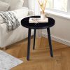 18 Inch Round Mango Wood Side End Table, Grooved Design, Metal Legs, Black