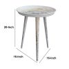 20 Inch Artisanal Industrial Round Tray Top Iron Side End Table, Tripod Base, Distressed White, Gold