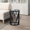 23 Inch End Side Table, Round Mango Wood Top, Lattice Cut Out Iron Frame, Brown, Black
