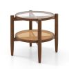 Retro Elegant Rattan Round Side End Table with Tempered Glass Tabletop