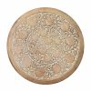 Intricately Carved Round Top Mango Wood Side End Table with Pedestal Base, Brown and White