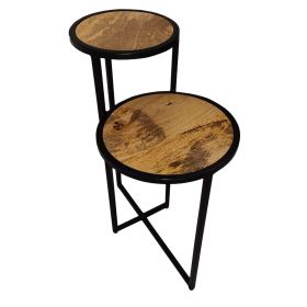 Two Tier Round Wooden Side Table with Metal Frame, Brown and Brass