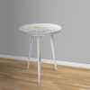 20 Inch Artisanal Industrial Round Tray Top Iron Side End Table, Tripod Base, Distressed White, Gold
