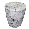 16 Inch Round Accent Side Table, Aluminum Sheet, Faux Marble, Enamel Coating, White