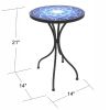 Outdoor Mosaic Side Table, 14 Inch Round Concrete Tile Top, Patio End Table for Bistro Coffee Table - Blue