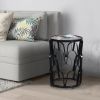 23 Inch End Side Table, Round Mango Wood Top, Lattice Cut Out Iron Frame, Brown, Black