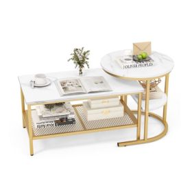 Nesting Coffee Table with Extra Storage Shelf for Living Room (Color: Gold & White)